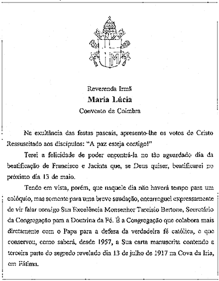 Carta de S. S. Juan Pablo II a Sor Luca, Pag. 1 de 2
